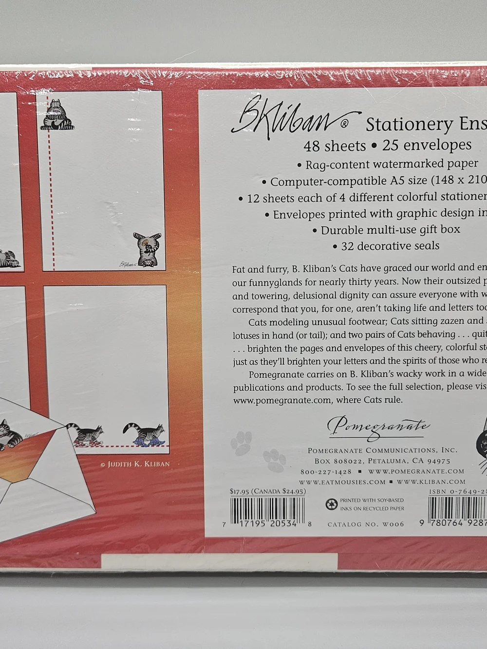 New B Kliban Cat Deluxe Stationery Set Boxed Paper Envelopes Seals Pomegranate